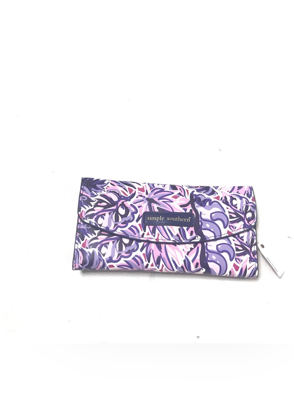 New Simply Southern Leather Trifold Snap Wallet Leaf Pattern Purple Women’s